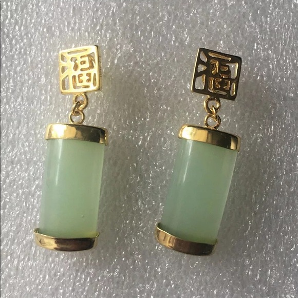 Natural Green Jade 18KGP Fortune Pendant Necklace Drop Earring Bracelet set 福# - Picture 9 of 10